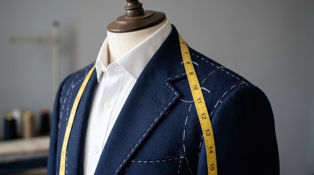 Elegant Bespoke Blue Suit Jacket on Tailor Mannequin with Measuring Tape and Basting Stitches for Custom Tailoring