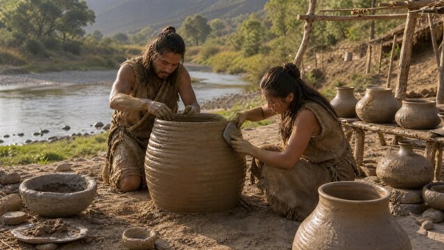 Ancient Pottery Craft: A man and woman collaboratively shape a large clay pot using traditional techniques by a river, surrounded by finished pottery pieces and a rustic workshop.