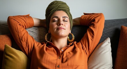 Fototapeta premium Relaxed young woman wearing an olive green turban and orange shirt resting on a cozy sofa with eyes closed in peace