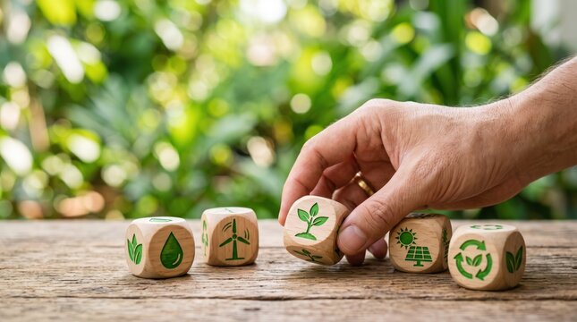 Hand selecting wooden dice featuring green eco-friendly symbols like solar panel, wind turbine, plant, and recycling sign on rustic table outdoors representing sustainable energy