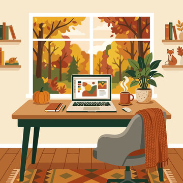 Cozy Autumn Home Office Workspace with Laptop Pumpkin and Hot Coffee overlooking Scenic Fall Forest View