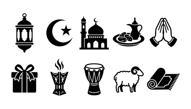 Islamic Holiday Icons Set Including Lantern, Crescent, Mosque, Prayer, Gift, Inc