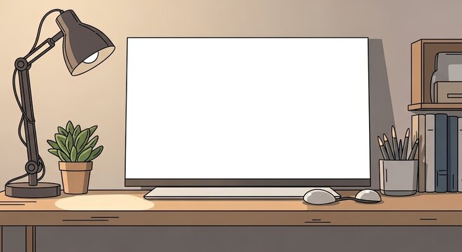 Clean Cartoon Workspace Desk with Computer, Lamp, Plant, and Books