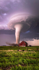 Obraz premium A dramatic, cinematic shot of a powerful tornado looming over a rustic red barn in an empty field. No people. This intense, atmospheric image evokes natures raw fury and resilience. Ideal for news.