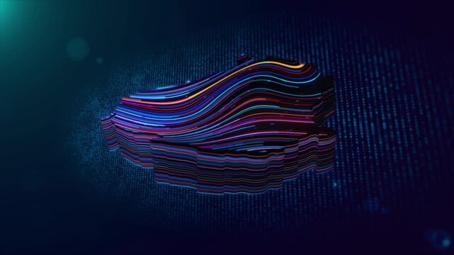 A dynamic Lithuania map reveal emerges from a blue particle grid, featuring animated neon lines, dimensional depth, glowing effects, and a synchronized Lithuania text reveal.