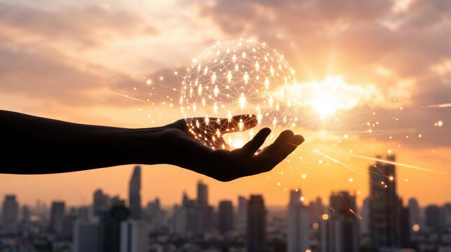 Hand holding glowing digital globe sphere with connected people icons representing global network over sunset city