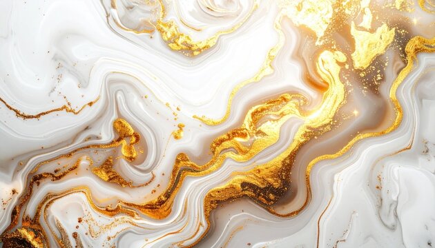 White marble background with golden liquid flow patterns.