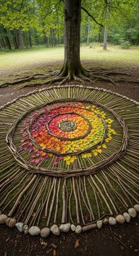 Colorful Mandala Art Beneath a Tree in a Forest.