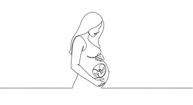 Minimalist Continuous Line Drawing of a Pregnant Woman with Fetus in Womb, Motherhood and Pregnancy Concept Illustration