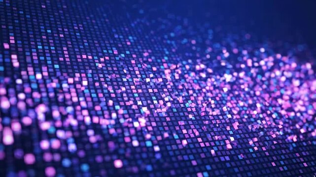 Abstract digital background with glowing purple and blue squares, data processing concept, technology visualization