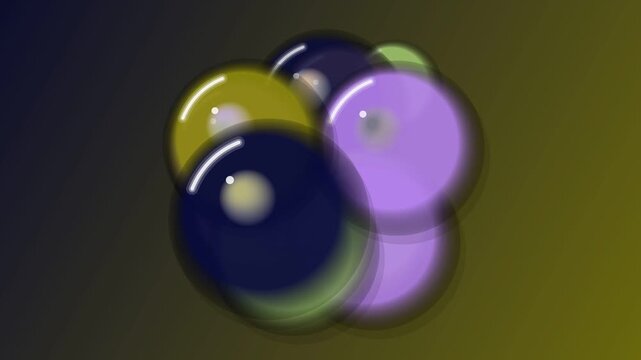 Cluster of translucent, glossy, amorphous bubbles in shades of yellow, deep blue, and lavender against a dark gradient background.
