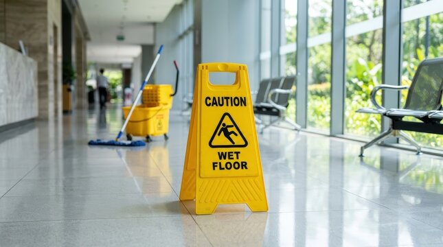 Yellow Caution Wet Floor Sign in Modern Office Building Hallway with Cleaning Equipment and Mop in Background