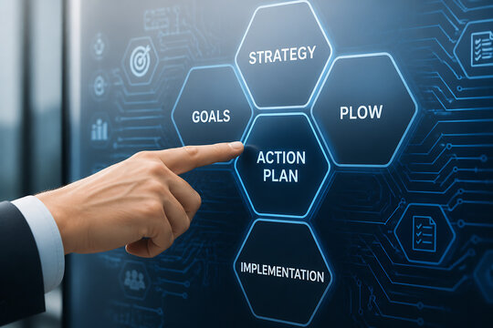 A hand points to a digital infographic displaying business concepts like Strategy, Goals, Action Plan, Plow, and Implementation on a futuristic interface.
