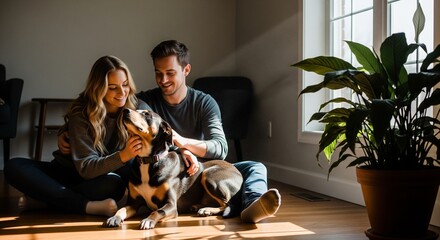 Plakat Happy young couple sitting on the floor at home affectionately petting their mixed breed dog near a sunny window with a green plant