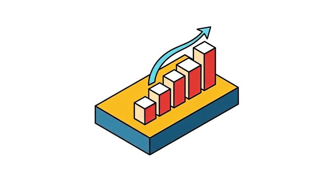 Isometric bar chart with rising arrow and upward trend, representing growth, success, and positive financial performance in a clean vector illustration style.