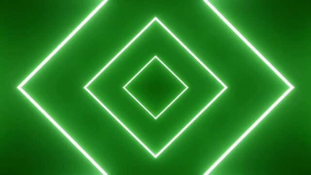 Green neon rhombus shapes expanding in concentric layers against a dark backdrop with cinematic motion