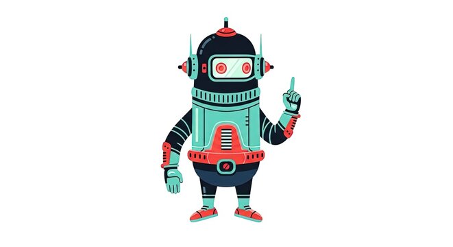 Cute cartoon robot pointing finger with idea, standing isolated on white background, flat illustration style