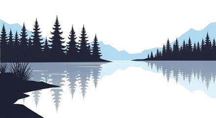 Serene forest lake landscape with pine tree silhouettes reflected in calm water under a clear sky © Legenda