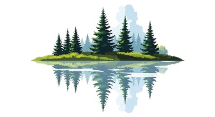 Stylized pine trees reflected in calm water, serene forest landscape with misty background © Cimahi