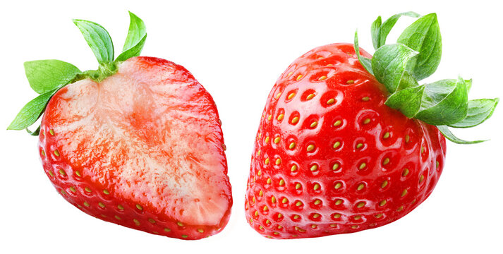 Whole ripe strawberry beside a lengthwise cut half showing juicy flesh isolated on transparent background.