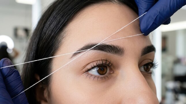 Professional Eyebrow Threading Procedure in a Beauty Salon for a Young Woman with Dark Hair and Brown Eyes