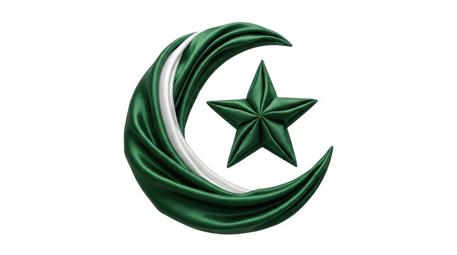 Pakistan flag crescent and star, green silk fabric texture national symbol, 3D draped textile icon on white background