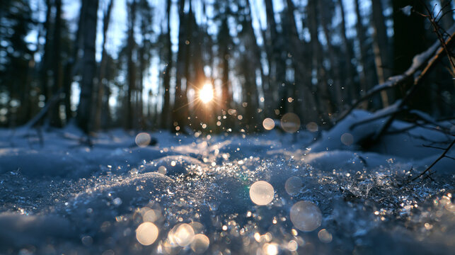 Sparkling Snow and Ice in Winter Forest at Sunset