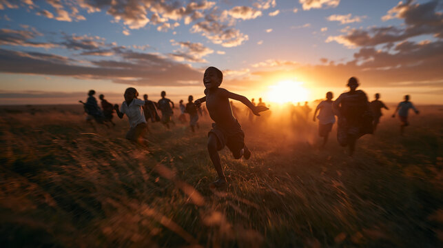 Happy Children Running Through Field at Sunset