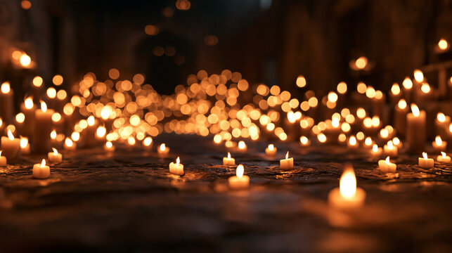 Burning Candles Glowing with Golden Bokeh in Dark Space