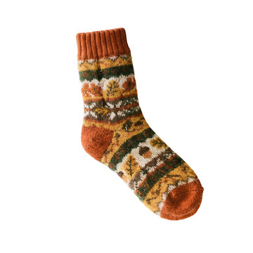 Warm Knitted Wool Sock with Autumn Leaf Pattern Isolated PNG