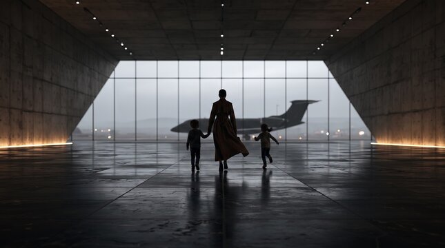 Silhouette of Family Walking Towards Private Jet in Hangar