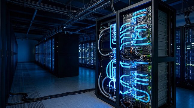 High-performance supercomputer server rack with liquid cooling technology in a dark data center room