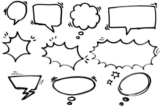 Set of black comic speech bubbles and thought balloons hand drawn with pencil on transparent background