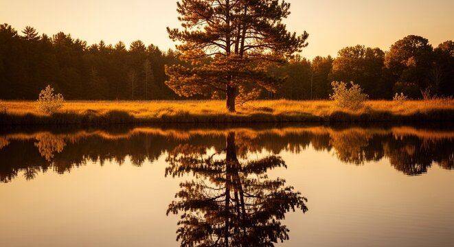Tranquil sunset reflects a solitary pine tree and forest on a calm lake, golden hour.