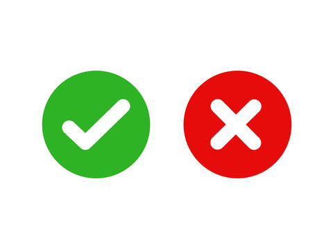 Green check mark and red cross solid circle icons isolated on transparent background