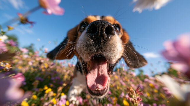 Happy Beagle Dog Looking Down at Camera in Flower Field