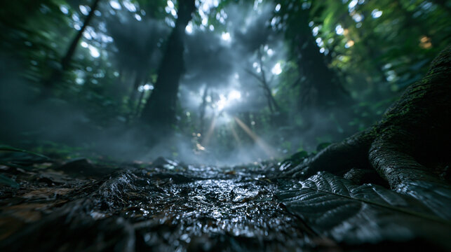 Sunlight Rays Filtering Through Misty Canopy in Deep Forest