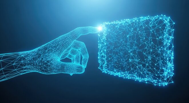 Digital fist bump glowing wireframe connection on dark blue background illustration