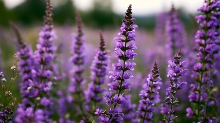 Obraz premium Tall spikes of purple flowers stand out against a soft blurred background in an open field under natural light