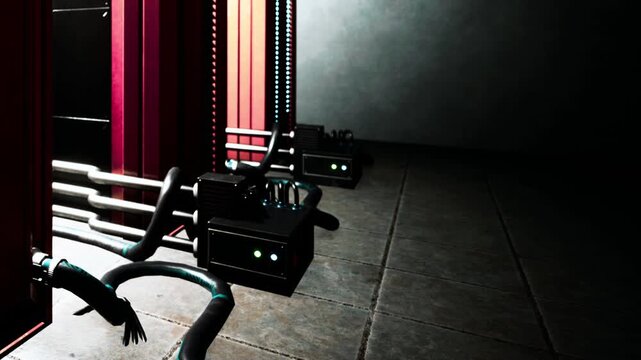 Machines with lights and cables are arranged in a row inside a dimly lit space. The setting looks industrial with shadows on the floor.