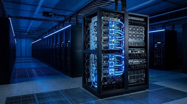 High Performance Supercomputer Server Racks in Modern Data Center with Advanced Liquid Cooling System