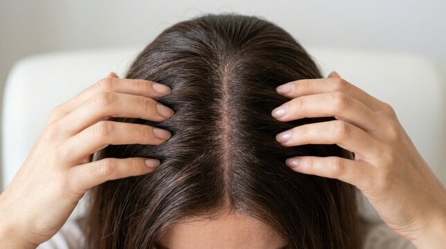 Close-up of Woman's Scalp and Dark Hair with Hands Parting it for Hair Loss or Dandruff Examination
