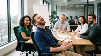 Obraz premium Business meeting man laughing office teamwork colleague conference workplace group table, cheerful male professional laughing during collaborative team discussion modern office with diverse
