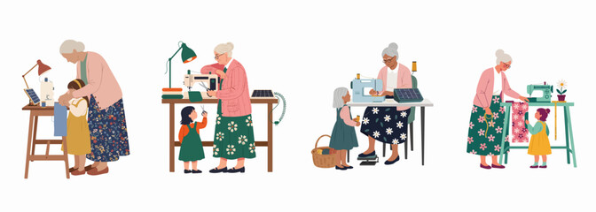 Set of vector illustrations depicting a grandmother teaching her granddaughter the art of sewing, using a sewing machine, measuring fabric, and sharing traditional craft skills across generations.