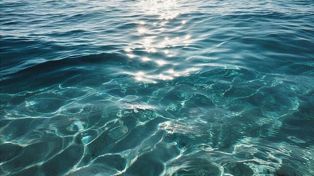 sunlight reflecting on clear ocean surface, soft wave texture, calm summer mood, minimal composition