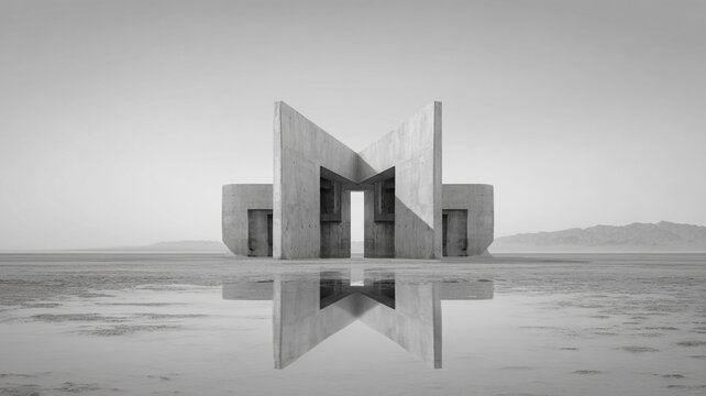 surreal mirrored architectural structure in monochrome desert landscape