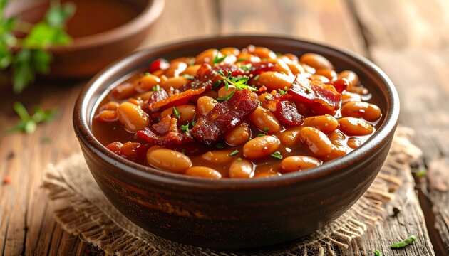 Photorealistic Boston Baked Beans in a rustic ceramic bowl, tender navy beans covered in a thick glossy molasses sauce