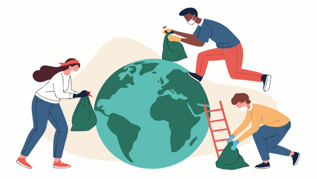 Flat vector illustration of diverse volunteers collecting trash into bags around earth globe for world cleanup day concept