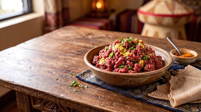 Traditional Eritrean Gored Gored Raw Beef Dish Served on a Wooden Table with Injera Bread