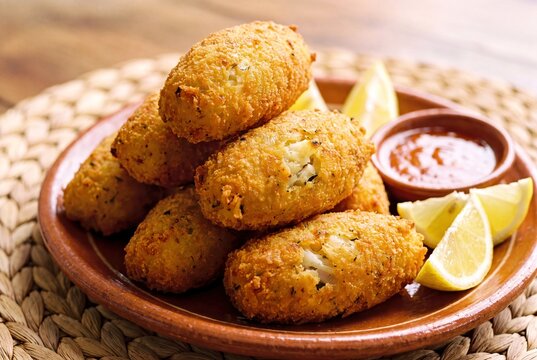 Crispy Golden Fried Angola Pasteis de Bacalhau Cod Croquettes Served with Lemon